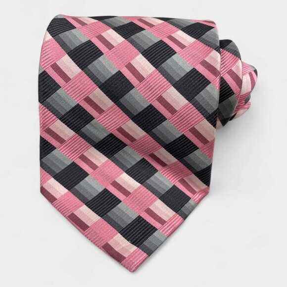 Stafford Silk Tie Pink Gray Geometric Checker Formal Professional - Picture 1 of 4